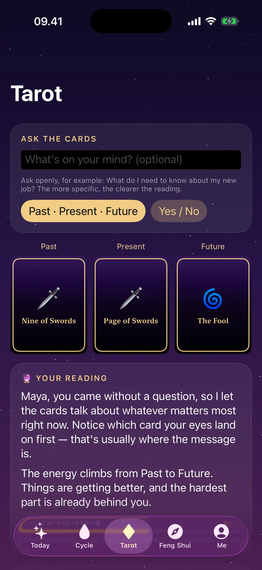 Tab Tarot dengan spread Masa lalu, Kini, Masa depan